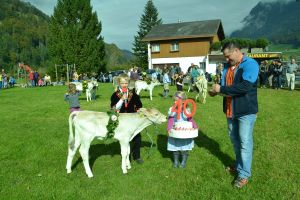 005Gratulation im Klber-Wettbewerb mit der Vorstellung eines Kalbes und einer Jubilumstorte